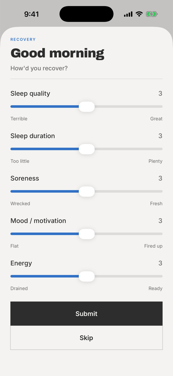 Capacity Built Right app, morning check-in for sleep, HRV and soreness